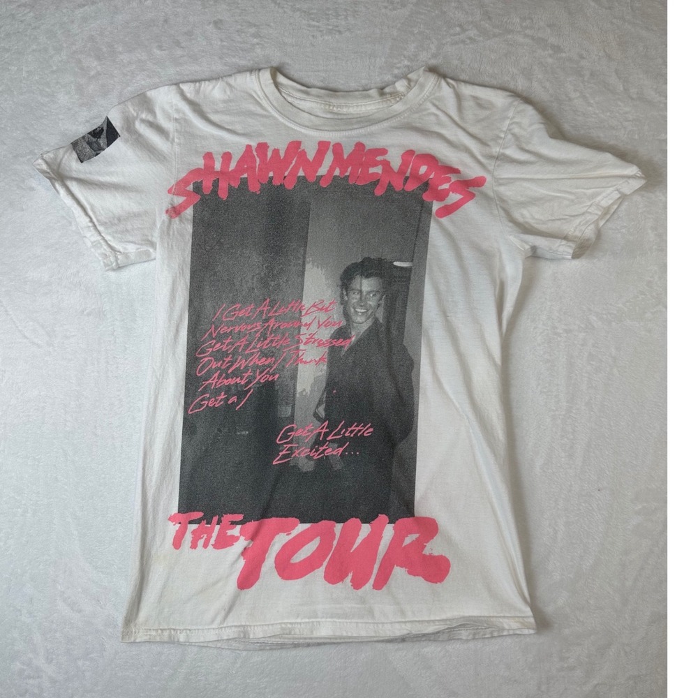 Shawn Mendes The Tour 2019 Concert T-Shirt White Pink Nervous Lyrics Small